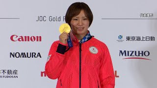 【ノーカット】レスリング女子62キロ級　金メダリストの川井友香子選手が会見（代表撮影）