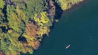奥多摩の白丸湖で紅葉とエメラルドブルーの湖面の共演